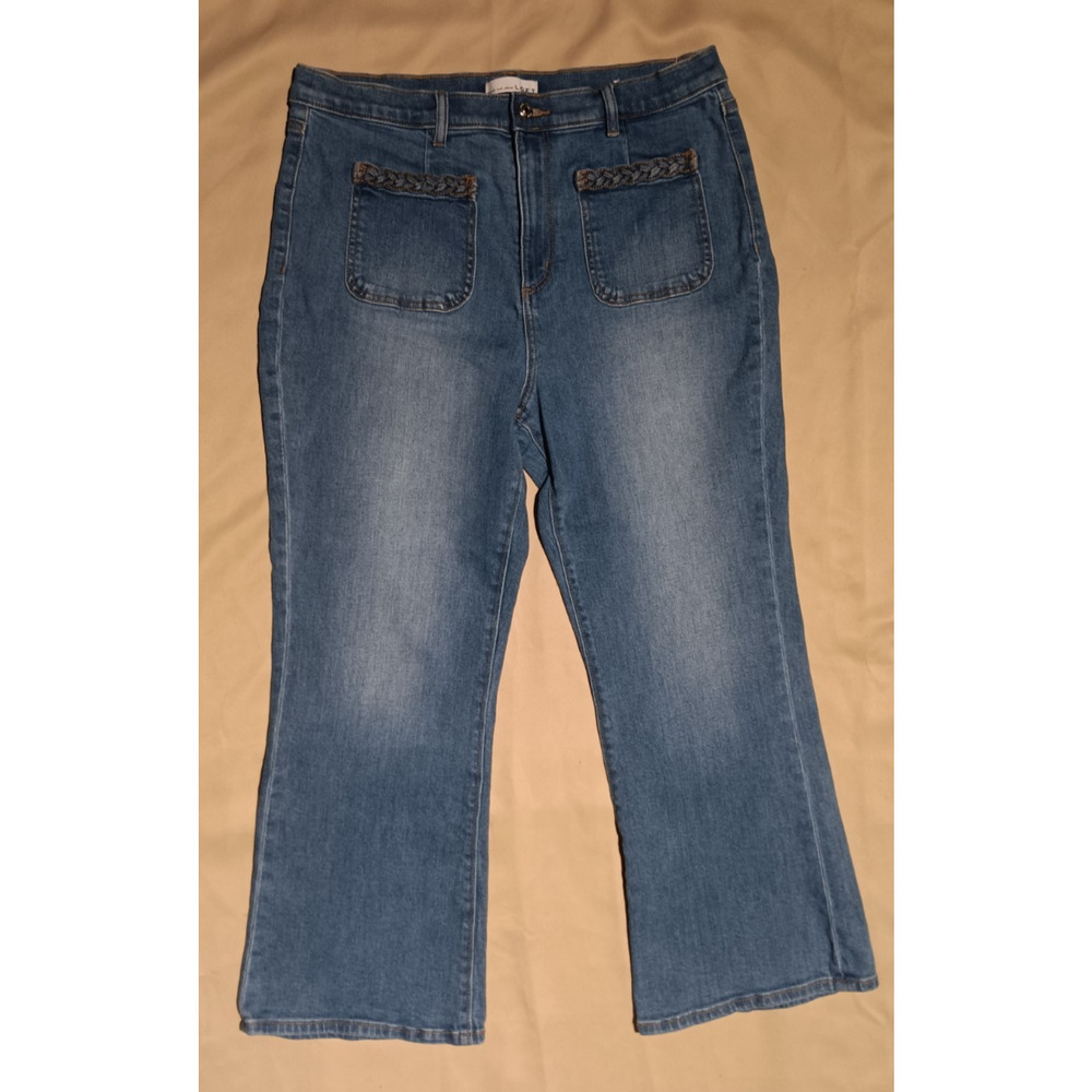 LOFT Kick Crop Jeans 32/14 Blue Distressed Braided Pocket Detail Y2K Boho Denim